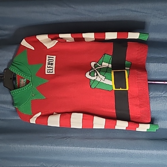 Ugly Christmas Sweater Sweaters - Christmas Elf #1 Sweater w Hoodie Ears MEDIUM